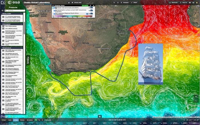 Den planlagte ruten er tegnet oppå et kart som viser Agulhas strømmen. Illustrasjon: Fra The Joint Nansen Center - ESA  Advanced Ocean Synergy Training Course